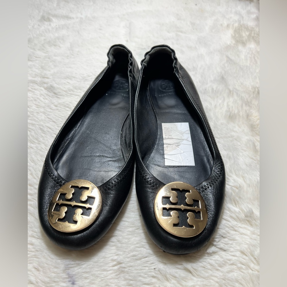 Tory Burch Black and Gold Flats with Signature Logo